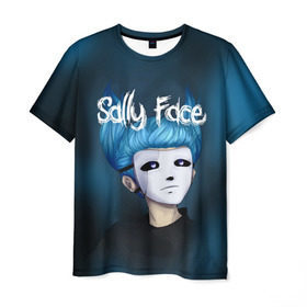 Мужская футболка 3D с принтом SALLY FACE в Новосибирске, 100% полиэфир | прямой крой, круглый вырез горловины, длина до линии бедер | blue | face | fisher | game | games | gizmo | hair | larry | mask | sally | волосы | гизмо | голубые | игра | игры | ларри | маска | протез | сали | салли | синие | синий | триллер | ужасы | фейс | фишер | фэйс | хоррор
