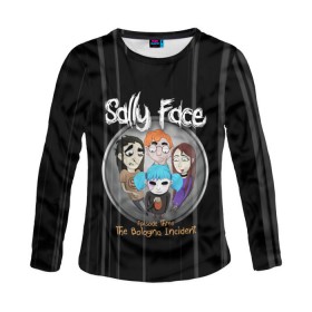 Женский лонгслив 3D с принтом Sally Face Episode Three в Новосибирске, 100% полиэстер | длинные рукава, круглый вырез горловины, полуприлегающий силуэт | blue | face | fisher | game | games | gizmo | hair | larry | mask | sally | волосы | гизмо | голубые | игра | игры | ларри | маска | протез | сали | салли | синие | синий | триллер | ужасы | фейс | фишер | фэйс | хоррор