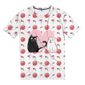 Мужская футболка 3D с принтом Милые котики в Новосибирске, 100% полиэфир | прямой крой, круглый вырез горловины, длина до линии бедер | Тематика изображения на принте: 14 февраля | влюбленность | влюбленные | день влюбленных | день святого валентина | кот | котики | коты | кошка | любовь | милые | романтика | романтическая | сердечки | сердце