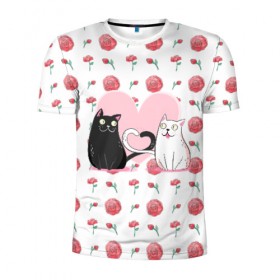 Мужская футболка 3D спортивная с принтом Милые котики в Новосибирске, 100% полиэстер с улучшенными характеристиками | приталенный силуэт, круглая горловина, широкие плечи, сужается к линии бедра | 14 февраля | влюбленность | влюбленные | день влюбленных | день святого валентина | кот | котики | коты | кошка | любовь | милые | романтика | романтическая | сердечки | сердце
