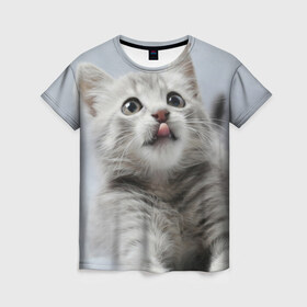 Женская футболка 3D с принтом Котенок в Новосибирске, 100% полиэфир ( синтетическое хлопкоподобное полотно) | прямой крой, круглый вырез горловины, длина до линии бедер | голова | животные | кот | котенок | котик | кошка | мордочка | природа | язык