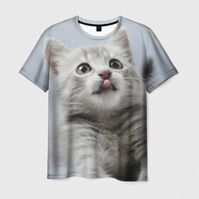 Мужская футболка 3D с принтом Котенок в Новосибирске, 100% полиэфир | прямой крой, круглый вырез горловины, длина до линии бедер | голова | животные | кот | котенок | котик | кошка | мордочка | природа | язык