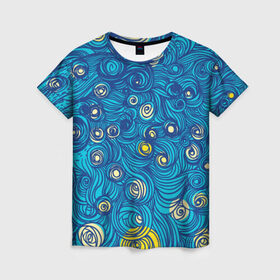 Женская футболка 3D с принтом По Мотивам Звездной Ночи в Новосибирске, 100% полиэфир ( синтетическое хлопкоподобное полотно) | прямой крой, круглый вырез горловины, длина до линии бедер | абстракция | ван гог | вангог | винсент | геометрия | живопись | завитки | звездная ночь | искусство | картина | синий