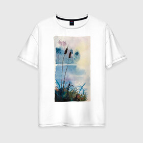 Женская футболка хлопок Oversize с принтом Камышочки в Новосибирске, 100% хлопок | свободный крой, круглый ворот, спущенный рукав, длина до линии бедер
 | акварель | болото | камыш | камыши | рисунок