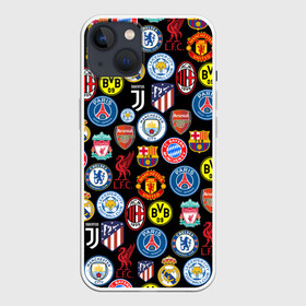 Чехол для iPhone 13 с принтом ЛОГО ФУТБОЛЬНЫХ КОМАНД в Новосибирске,  |  | atletico madrid | barca | bayern munchen | chelsea | fc | football | juventus | liverpool | manchester city | manchester united | milan | pattern | real madrid | russia | барселона | паттерн