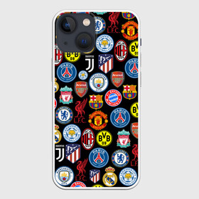 Чехол для iPhone 13 mini с принтом ЛОГО ФУТБОЛЬНЫХ КОМАНД в Новосибирске,  |  | atletico madrid | barca | bayern munchen | chelsea | fc | football | juventus | liverpool | manchester city | manchester united | milan | pattern | real madrid | russia | барселона | паттерн