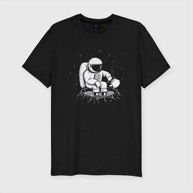 Мужская футболка премиум с принтом Как Согреться на Луне в Новосибирске, 92% хлопок, 8% лайкра | приталенный силуэт, круглый вырез ворота, длина до линии бедра, короткий рукав | Тематика изображения на принте: астронавт | вселенная | звезды | космонавт | космос | луна | планета | простуда | юмор