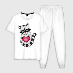 Мужская пижама хлопок с принтом Енот с сердцем в Новосибирске, 100% хлопок | брюки и футболка прямого кроя, без карманов, на брюках мягкая резинка на поясе и по низу штанин
 | Тематика изображения на принте: 