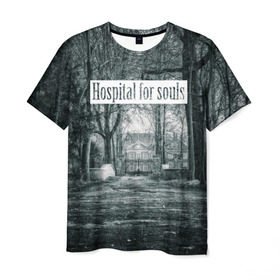 Мужская футболка 3D с принтом Hospital For Souls в Новосибирске, 100% полиэфир | прямой крой, круглый вырез горловины, длина до линии бедер | forest | hospital | jouse | woods | госпиталь | деревья | дом | лес | надпись