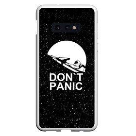 Чехол для Samsung S10E с принтом DON`T PANIC в Новосибирске, Силикон | Область печати: задняя сторона чехла, без боковых панелей | don t panic | elon mask | galaxy | nasa | space x | stars | галактика | звезды | знаменитости | илон маск | космос | не паникуйте