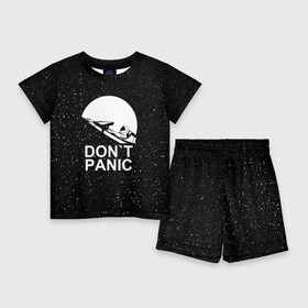 Детский костюм с шортами 3D с принтом DON T PANIC в Новосибирске,  |  | don t panic | elon mask | galaxy | nasa | space x | stars | галактика | звезды | знаменитости | илон маск | космос | не паникуйте