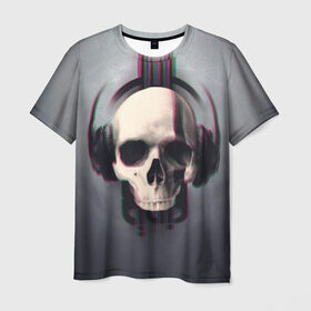 Мужская футболка 3D с принтом Skull Glitch в Новосибирске, 100% полиэфир | прямой крой, круглый вырез горловины, длина до линии бедер | Тематика изображения на принте: dnb | glitch | skull | глитч | глич | драм | клубная | мошпит | музыка | пиратская станция | рейв | слэм | череп | электро