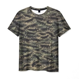 Мужская футболка 3D с принтом Камуфляж с щуками в Новосибирске, 100% полиэфир | прямой крой, круглый вырез горловины, длина до линии бедер | Тематика изображения на принте: камуфляж | милитари | паттерн | рыба | рыбак | рыбалка | рыбина | улов | хаки | щука