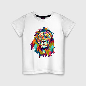 Детская футболка хлопок с принтом Lion в Новосибирске, 100% хлопок | круглый вырез горловины, полуприлегающий силуэт, длина до линии бедер | cat | geometry | leo | lion | polygonal | wild | геометрия | дикий | животное | кот | лев | хищник | яркий