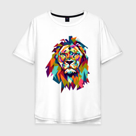 Мужская футболка хлопок Oversize с принтом Lion в Новосибирске, 100% хлопок | свободный крой, круглый ворот, “спинка” длиннее передней части | Тематика изображения на принте: cat | geometry | leo | lion | polygonal | wild | геометрия | дикий | животное | кот | лев | хищник | яркий