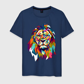 Мужская футболка хлопок с принтом Lion в Новосибирске, 100% хлопок | прямой крой, круглый вырез горловины, длина до линии бедер, слегка спущенное плечо. | cat | geometry | leo | lion | polygonal | wild | геометрия | дикий | животное | кот | лев | хищник | яркий