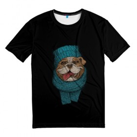 Мужская футболка 3D с принтом Бульдог в Новосибирске, 100% полиэфир | прямой крой, круглый вырез горловины, длина до линии бедер | Тематика изображения на принте: арт | бульдог | вязанный | зима | зимняя одежда | иллюстрация | пес | песик | псина | собака | шарф