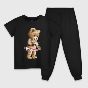 Детская пижама хлопок с принтом Nasty bear в Новосибирске, 100% хлопок |  брюки и футболка прямого кроя, без карманов, на брюках мягкая резинка на поясе и по низу штанин
 | Тематика изображения на принте: медведь | мишка | плюшевый | селфи | тедди