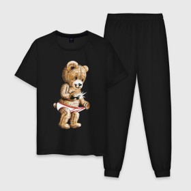 Мужская пижама хлопок с принтом Nasty bear в Новосибирске, 100% хлопок | брюки и футболка прямого кроя, без карманов, на брюках мягкая резинка на поясе и по низу штанин
 | медведь | мишка | плюшевый | селфи | тедди