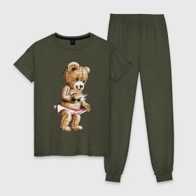 Женская пижама хлопок с принтом Nasty bear в Новосибирске, 100% хлопок | брюки и футболка прямого кроя, без карманов, на брюках мягкая резинка на поясе и по низу штанин | медведь | мишка | плюшевый | селфи | тедди