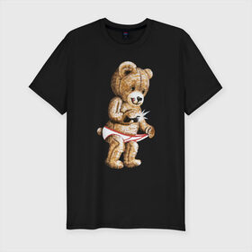 Мужская футболка премиум с принтом Nasty bear в Новосибирске, 92% хлопок, 8% лайкра | приталенный силуэт, круглый вырез ворота, длина до линии бедра, короткий рукав | Тематика изображения на принте: медведь | мишка | плюшевый | селфи | тедди