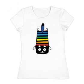 Женская футболка хлопок с принтом Rainbow cat в Новосибирске, 100% хлопок | прямой крой, круглый вырез горловины, длина до линии бедер, слегка спущенное плечо | black | cat | cool | creative | dark | design | halloween | hype | kitten | rainbow | vanguard | авангард | дизайн | кот | котенок | кошка | креатив | круто | радуга | темный | хайп | хэллоуин | черный