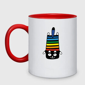 Кружка двухцветная с принтом Rainbow cat в Новосибирске, керамика | объем — 330 мл, диаметр — 80 мм. Цветная ручка и кайма сверху, в некоторых цветах — вся внутренняя часть | black | cat | cool | creative | dark | design | halloween | hype | kitten | rainbow | vanguard | авангард | дизайн | кот | котенок | кошка | креатив | круто | радуга | темный | хайп | хэллоуин | черный