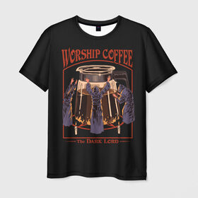 Мужская футболка 3D с принтом Worship Coffee в Новосибирске, 100% полиэфир | прямой крой, круглый вырез горловины, длина до линии бедер | 80 е | 80s | 90 е | 90s | oldschool | retro | retrowave | stranger thing | vintage | винтаж | олдскул | ретро | ретровейв | странные дела