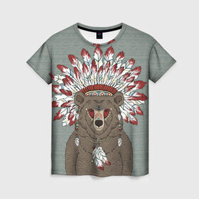 Женская футболка 3D с принтом Медведь индеец в Новосибирске, 100% полиэфир ( синтетическое хлопкоподобное полотно) | прямой крой, круглый вырез горловины, длина до линии бедер | animal | bear | braids | feathers | in | взгляд | голова | графика | дикий | животное | индеец | ирокез | картинка | косы | красивый | крутой | лучший | медведь | мода | модный | молодёжная | орнамент | перья | природа