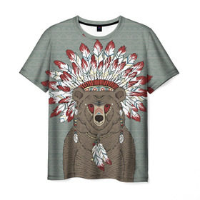 Мужская футболка 3D с принтом Медведь индеец в Новосибирске, 100% полиэфир | прямой крой, круглый вырез горловины, длина до линии бедер | Тематика изображения на принте: animal | bear | braids | feathers | in | взгляд | голова | графика | дикий | животное | индеец | ирокез | картинка | косы | красивый | крутой | лучший | медведь | мода | модный | молодёжная | орнамент | перья | природа