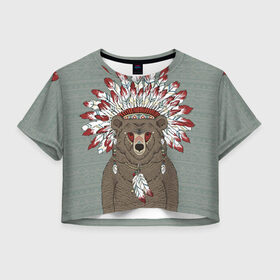 Женская футболка 3D укороченная с принтом Медведь индеец в Новосибирске, 100% полиэстер | круглая горловина, длина футболки до линии талии, рукава с отворотами | Тематика изображения на принте: animal | bear | braids | feathers | in | взгляд | голова | графика | дикий | животное | индеец | ирокез | картинка | косы | красивый | крутой | лучший | медведь | мода | модный | молодёжная | орнамент | перья | природа