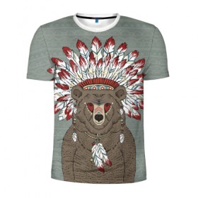 Мужская футболка 3D спортивная с принтом Медведь индеец в Новосибирске, 100% полиэстер с улучшенными характеристиками | приталенный силуэт, круглая горловина, широкие плечи, сужается к линии бедра | animal | bear | braids | feathers | in | взгляд | голова | графика | дикий | животное | индеец | ирокез | картинка | косы | красивый | крутой | лучший | медведь | мода | модный | молодёжная | орнамент | перья | природа