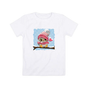 Детская футболка хлопок с принтом Зимний Совёнок в Новосибирске, 100% хлопок | круглый вырез горловины, полуприлегающий силуэт, длина до линии бедер | зима | лапочка | маленький | метель | милый | мимими | перья | птенчик | птица | сердечко | снег | снежинка | сова | филин | шапка