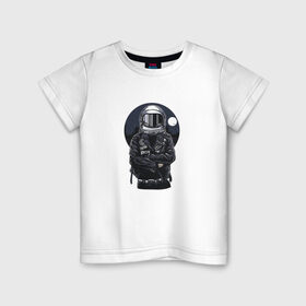 Детская футболка хлопок с принтом Biker Astronaut в Новосибирске, 100% хлопок | круглый вырез горловины, полуприлегающий силуэт, длина до линии бедер | Тематика изображения на принте: астронавт | байкер | вселенная | звезды | космонавт | космос | косуха | крутой | луна | наса | рок | шлем