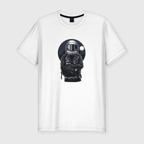 Мужская футболка премиум с принтом Biker Astronaut в Новосибирске, 92% хлопок, 8% лайкра | приталенный силуэт, круглый вырез ворота, длина до линии бедра, короткий рукав | астронавт | байкер | вселенная | звезды | космонавт | космос | косуха | крутой | луна | наса | рок | шлем
