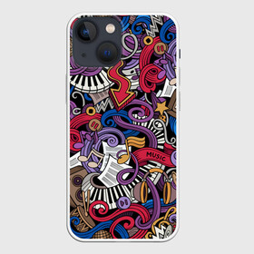 Чехол для iPhone 13 mini с принтом Music collage в Новосибирске,  |  | collage | instruments | music | musical | not | волны | гитары | графика | звёзды | инструменты | искусство | картинка | клавиши | коллаж | колонки | крутой | лучший | микрофоны | мода | модный | молодёжная | музыка