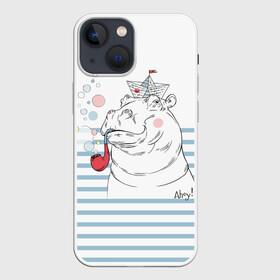 Чехол для iPhone 13 mini с принтом Бегемот моряк в Новосибирске,  |  | a | blush | bubbles | cap | deck | hippo | pipe | sailor | sea | ship | smokes | stripes | бегемот | графика | детский | искусство | картинка | корабль | крутой | лучший | мода | модный | молодёжная | море | моряк | палуба | пилотка | полосы