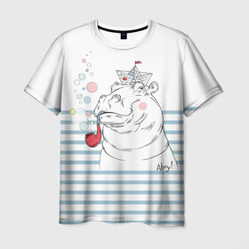 Мужская футболка 3D с принтом Бегемот моряк в Новосибирске, 100% полиэфир | прямой крой, круглый вырез горловины, длина до линии бедер | a | blush | bubbles | cap | deck | hippo | pipe | sailor | sea | ship | smokes | stripes | бегемот | графика | детский | искусство | картинка | корабль | крутой | лучший | мода | модный | молодёжная | море | моряк | палуба | пилотка | полосы