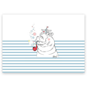 Поздравительная открытка с принтом Бегемот моряк в Новосибирске, 100% бумага | плотность бумаги 280 г/м2, матовая, на обратной стороне линовка и место для марки
 | Тематика изображения на принте: a | blush | bubbles | cap | deck | hippo | pipe | sailor | sea | ship | smokes | stripes | бегемот | графика | детский | искусство | картинка | корабль | крутой | лучший | мода | модный | молодёжная | море | моряк | палуба | пилотка | полосы