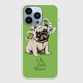 Чехол для iPhone 13 Pro с принтом My little hippie в Новосибирске,  |  | breed | dog | hippie | kid | little | my | pug | puppy | wreath | венок | графика | зелёный | картинка | красивый | крутой | лучший | маленький | малыш | мода | модный | мой | молодёжная | мопс | порода | рисунок | ромашки | собака