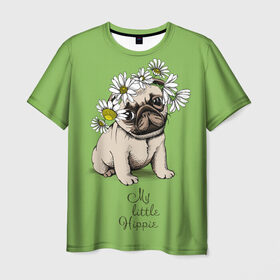 Мужская футболка 3D с принтом My little hippie в Новосибирске, 100% полиэфир | прямой крой, круглый вырез горловины, длина до линии бедер | breed | dog | hippie | kid | little | my | pug | puppy | wreath | венок | графика | зелёный | картинка | красивый | крутой | лучший | маленький | малыш | мода | модный | мой | молодёжная | мопс | порода | рисунок | ромашки | собака