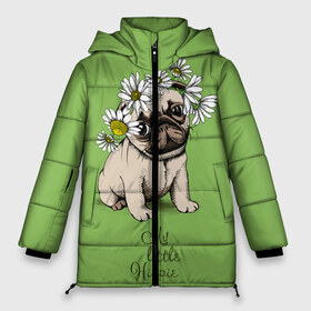 Женская зимняя куртка 3D с принтом My little hippie в Новосибирске, верх — 100% полиэстер; подкладка — 100% полиэстер; утеплитель — 100% полиэстер | длина ниже бедра, силуэт Оверсайз. Есть воротник-стойка, отстегивающийся капюшон и ветрозащитная планка. 

Боковые карманы с листочкой на кнопках и внутренний карман на молнии | breed | dog | hippie | kid | little | my | pug | puppy | wreath | венок | графика | зелёный | картинка | красивый | крутой | лучший | маленький | малыш | мода | модный | мой | молодёжная | мопс | порода | рисунок | ромашки | собака