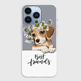 Чехол для iPhone 13 Pro с принтом Best friend в Новосибирске,  |  | Тематика изображения на принте: backgroun | best | breed | daisies | dog | flowers | friend | green | kid | puppy | wreath | венок | графика | друг | зелёный | картинка | красивый | крутой | лучший | малыш | мода | модный | молодёжная | порода | рисунок | ромашки | собака