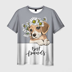 Мужская футболка 3D с принтом Best friend в Новосибирске, 100% полиэфир | прямой крой, круглый вырез горловины, длина до линии бедер | backgroun | best | breed | daisies | dog | flowers | friend | green | kid | puppy | wreath | венок | графика | друг | зелёный | картинка | красивый | крутой | лучший | малыш | мода | модный | молодёжная | порода | рисунок | ромашки | собака