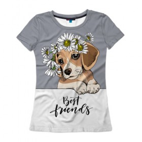 Женская футболка 3D с принтом Best friend в Новосибирске, 100% полиэфир ( синтетическое хлопкоподобное полотно) | прямой крой, круглый вырез горловины, длина до линии бедер | backgroun | best | breed | daisies | dog | flowers | friend | green | kid | puppy | wreath | венок | графика | друг | зелёный | картинка | красивый | крутой | лучший | малыш | мода | модный | молодёжная | порода | рисунок | ромашки | собака