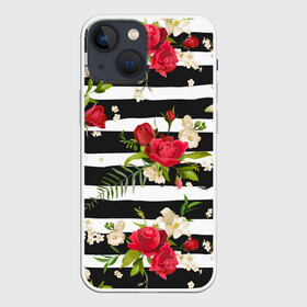 Чехол для iPhone 13 mini с принтом Розы и орхидеи в Новосибирске,  |  | flowers | orchi | roses | белый | букеты | графика | зелёный | искусство | картинка | красивый | красный | крутой | листья | мода | модный | молодёжная | орнамент | орхидеи | полосы | рисунок | розы | рукоделие