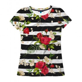 Женская футболка 3D с принтом Розы и орхидеи в Новосибирске, 100% полиэфир ( синтетическое хлопкоподобное полотно) | прямой крой, круглый вырез горловины, длина до линии бедер | flowers | orchi | roses | белый | букеты | графика | зелёный | искусство | картинка | красивый | красный | крутой | листья | мода | модный | молодёжная | орнамент | орхидеи | полосы | рисунок | розы | рукоделие
