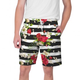 Мужские шорты 3D с принтом Розы и орхидеи в Новосибирске,  полиэстер 100% | прямой крой, два кармана без застежек по бокам. Мягкая трикотажная резинка на поясе, внутри которой широкие завязки. Длина чуть выше колен | flowers | orchi | roses | белый | букеты | графика | зелёный | искусство | картинка | красивый | красный | крутой | листья | мода | модный | молодёжная | орнамент | орхидеи | полосы | рисунок | розы | рукоделие