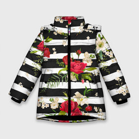 Зимняя куртка для девочек 3D с принтом Розы и орхидеи в Новосибирске, ткань верха — 100% полиэстер; подклад — 100% полиэстер, утеплитель — 100% полиэстер. | длина ниже бедра, удлиненная спинка, воротник стойка и отстегивающийся капюшон. Есть боковые карманы с листочкой на кнопках, утяжки по низу изделия и внутренний карман на молнии. 

Предусмотрены светоотражающий принт на спинке, радужный светоотражающий элемент на пуллере молнии и на резинке для утяжки. | flowers | orchi | roses | белый | букеты | графика | зелёный | искусство | картинка | красивый | красный | крутой | листья | мода | модный | молодёжная | орнамент | орхидеи | полосы | рисунок | розы | рукоделие