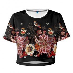 Женская футболка Cropp-top с принтом Экзотический орнамент с птицам в Новосибирске, 100% полиэстер | круглая горловина, длина футболки до линии талии, рукава с отворотами | Тематика изображения на принте: 